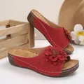 Red women's wedge sandals with large flower ornament and stylish open-toe design - 36 / Red