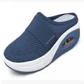 Detailed view of women's blue mesh platform mule with thick air-cushion sole. - 35 / Dark Blue (Large Mesh)