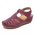 Detail of vintage purple wedge sandals for women with hollow-out design and adjustable strap - Burgundy