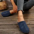 Elegant navy blue suede closed-toe platform mules for women on a rustic wood floor - 36 / Navy Blue