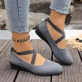Stylish grey faux-suede wedge shoes for women featuring comfortable elastic cross-straps - 36 / Criss-Cross Straps / Gray