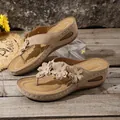 Summer beige wedge heel flip-flops for women featuring elegant floral decorations - 36 / Khaki