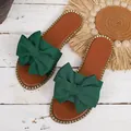 Elegant emerald green bow tie flat slides for women with shiny gold rhinestone trim - 36 / Bow Knot Rhinestone Edge Style (Q002) / Green