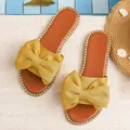 Yellow flat sandals for women featuring large bow and rhinestone-studded sole edge - 36 / Bow Knot Rhinestone Edge Style (Q002) / Yellow