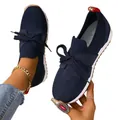 Comfortable navy blue breathable flyknit loafers with decorative laces for women - 36 / Navy Blue