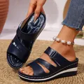 Eleganti sandali con zeppa blu navy per donna con cinturini in velcro e suole spesse - Blu