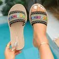 Ethnic style bohemian flat sandals with colorful embroidery and woven rope sole. - 36 / Colorful