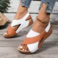 Close-up view of women's two-tone white and tan wedge sandals with a peep-toe platform - 36 / White Brown