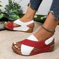 Stylish women's red and white peep toe wedge sandals with comfortable thick platform soles - 36 / White Red