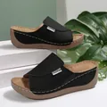 Stylish black wedge platform slides for women featuring elegant white stitching detail - 36 / Black