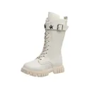 Stylish girls' cream white lace-up Martin boots with star buckle strap and chunky lug sole - 27 / Off White
