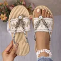 Chanclas de cuña de paja estilo bohemio para mujer con detalles de flores y cuentas - 36 / Blanco