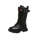 Stylish black leather mid-calf Martin boots for girls featuring red star buckle details - 27 / Black