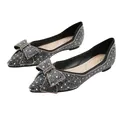 Elegant grey pointed toe flat shoes with rhinestone bow decoration - 34 / Black
