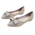 French style pointed-toe flat shoes with shiny rhinestones and a large bow in champagne - 34 / Violet