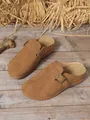 Fashionable women's tan wedge closed-toe mules with buckle detail and white stitching - 36 / Brown
