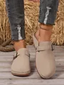 Elegant beige wedge closed-toe slippers for women with decorative metallic buckle strap - 36 / Khaki