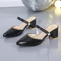 Elegant black pointed-toe block-heel sandals for women with versatile straps and shiny finish - 34 / Black