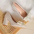 Elegant beige tweed thick heel pumps with pearl bow detail and pointed toe for women - 35 / Beige Coffee