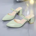 Elegant mint green pointed toe block heel mules for women featuring double straps. - 34 / Green