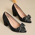 Elegant black tweed block heel pumps with pearl and rhinestone bow detail for women - 35 / Black