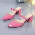 Elegant pink pointed toe block heel mules with double thin straps for daily wear - 34 / Rose Red