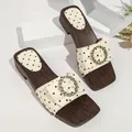 Vintage polka dot slide sandals featuring wood grain soles and golden buckles for summer - 36 / Off White