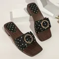 Stylish retro polka dot platform sandals with metal buckle and wood grain finish - 36 / Black