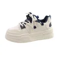 Elegant chunky platform sneakers for women in cream white with navy blue details and thick laces - 35 / Beige/Navy / Blue