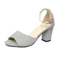 Elegant grey block heel sandals featuring a peep toe and adjustable ankle strap. - 34 / Gray
