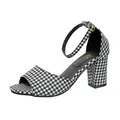 Sandali spuntati da donna con classico motivo pied de poule bianco e nero e tacco largo - Pied-de-poule
