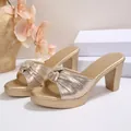Elegant champagne gold chunky heel mules featuring a stylish knotted strap design for summer - 35 / Gold