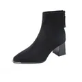 Elegant black suede ankle boots featuring a pointed toe and a stylish chunky block heel - 34 / Black