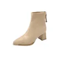 Elegant beige suede pointed-toe ankle boots with comfortable block heel and back zip - 34 / Khaki