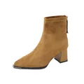 Elegant brown suede pointed-toe ankle boots featuring a chunky heel and convenient back zipper - 34 / Camel