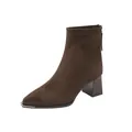 Elegant dark brown pointed-toe block heel suede ankle boots featuring metallic toe tip detail - 34 / Brown