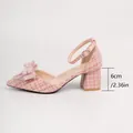 Elegant pink tweed block heel pumps with pearl bow and ankle strap, 6cm comfort heel - 35 / Chunky Heel Pumps (6cm) / Pink