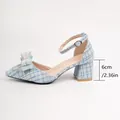 Elegant light blue tweed chunky heel pumps featuring a pearl bow and 6cm block heel. - 35 / Chunky Heel Pumps (6cm) / Blue