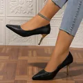 Elegant black floral print pointed-toe pumps with metallic gold stiletto heels. - 34 / Stiletto (10cm) / Black
