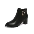 Side view of black leather ankle boots with gold rhinestone V-ornament and block heel - 35 / Black
