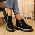 Close-up of black suede ankle boots with chunky heels and silver side zippers - 36 / Black