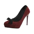 Talons hauts bordeaux élégants à plateforme en daim avec un nœud noir et bout pointu. - 34 / Bordeaux