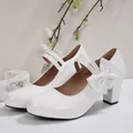 Elegante weiße Mary Jane Schuhe aus Lackleder mit Schleife und Blockabsatz Lolita Stil - Weiß