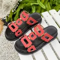 Stylish women's red platform sandals with metallic buckles and elegant openwork design for summer - 35 / Red