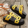 Bright yellow thick-soled women's sandals with metallic buckles for summer beach wear - 35 / Yellow