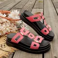 Stylish pink platform sandals for women with gold metal buckles and beach-ready design - 35 / Pink