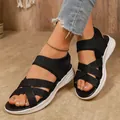 Detail view of black breathable elastic strap Roman sandals for women in sporty style. - 36 / Black