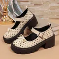 Zapatos Mary Jane vintage beige con lunares y plataforma con lazo y suela gruesa - 34 / Blanco Roto