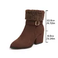 Brown suede ankle boots with fleece cuff, block heel and buckle strap, 8cm height. - 36 / Brown