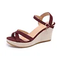 Women's burgundy cross-strap wedge sandals with woven platform and buckle strap. - 38 / Cross Strap Wedge Sandals (001) / Burgundy